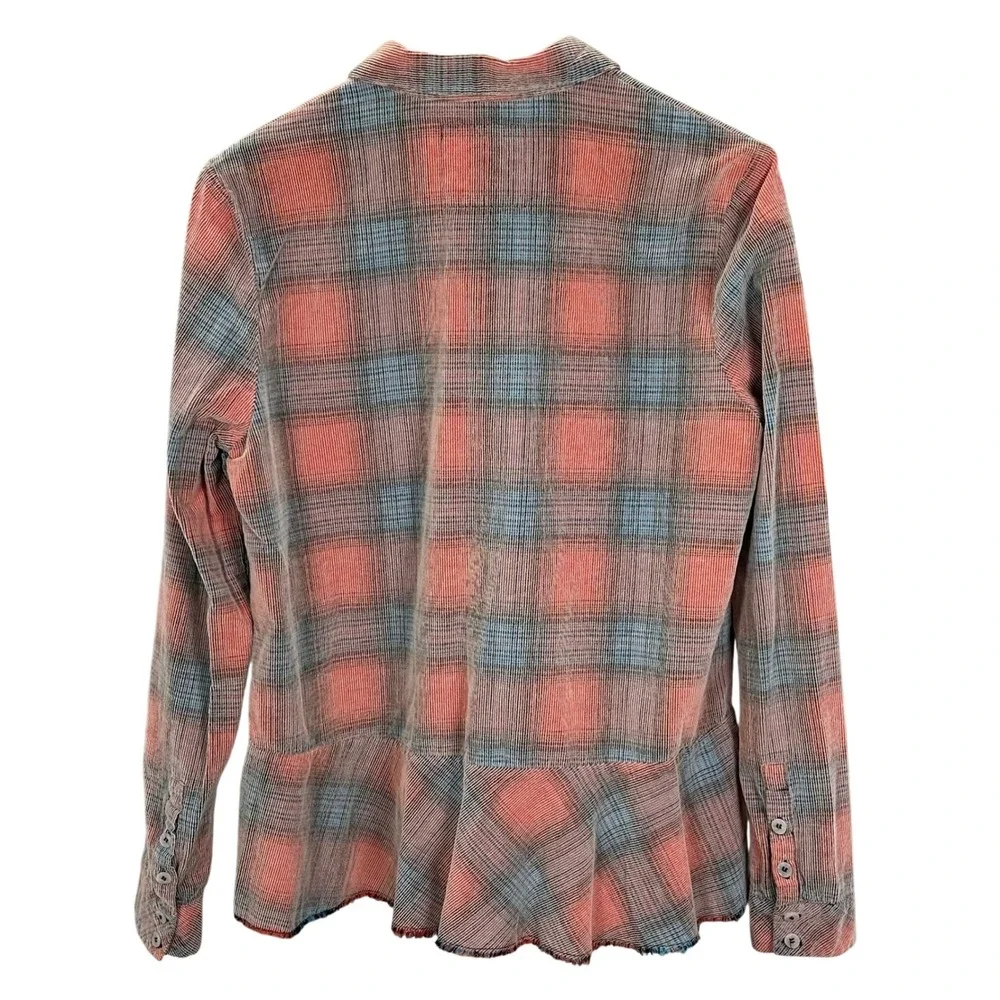 We‎ The Free Faded Plaid Corduroy Button Up Shirt Coral Blue Frayed Hem Peplum M